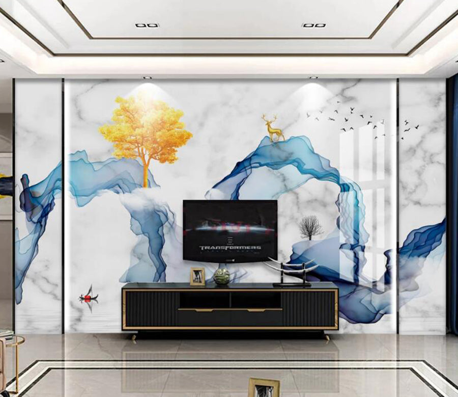 3D Blue Ribbon Golden Tree 728 Wall Murals