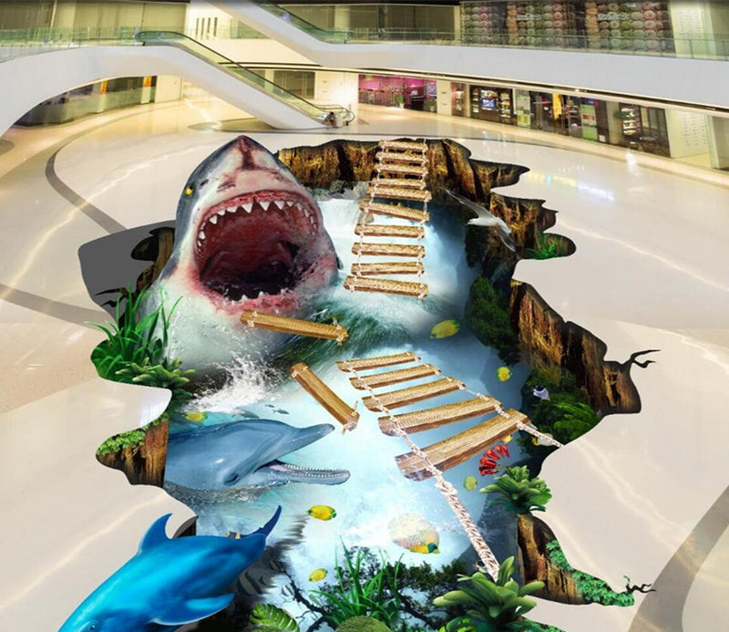 3D Bite Off The Wooden Bridge 121 Floor Mural  Self-Adhesive Sticker Bathroom Non-slip Waterproof Flooring Murals