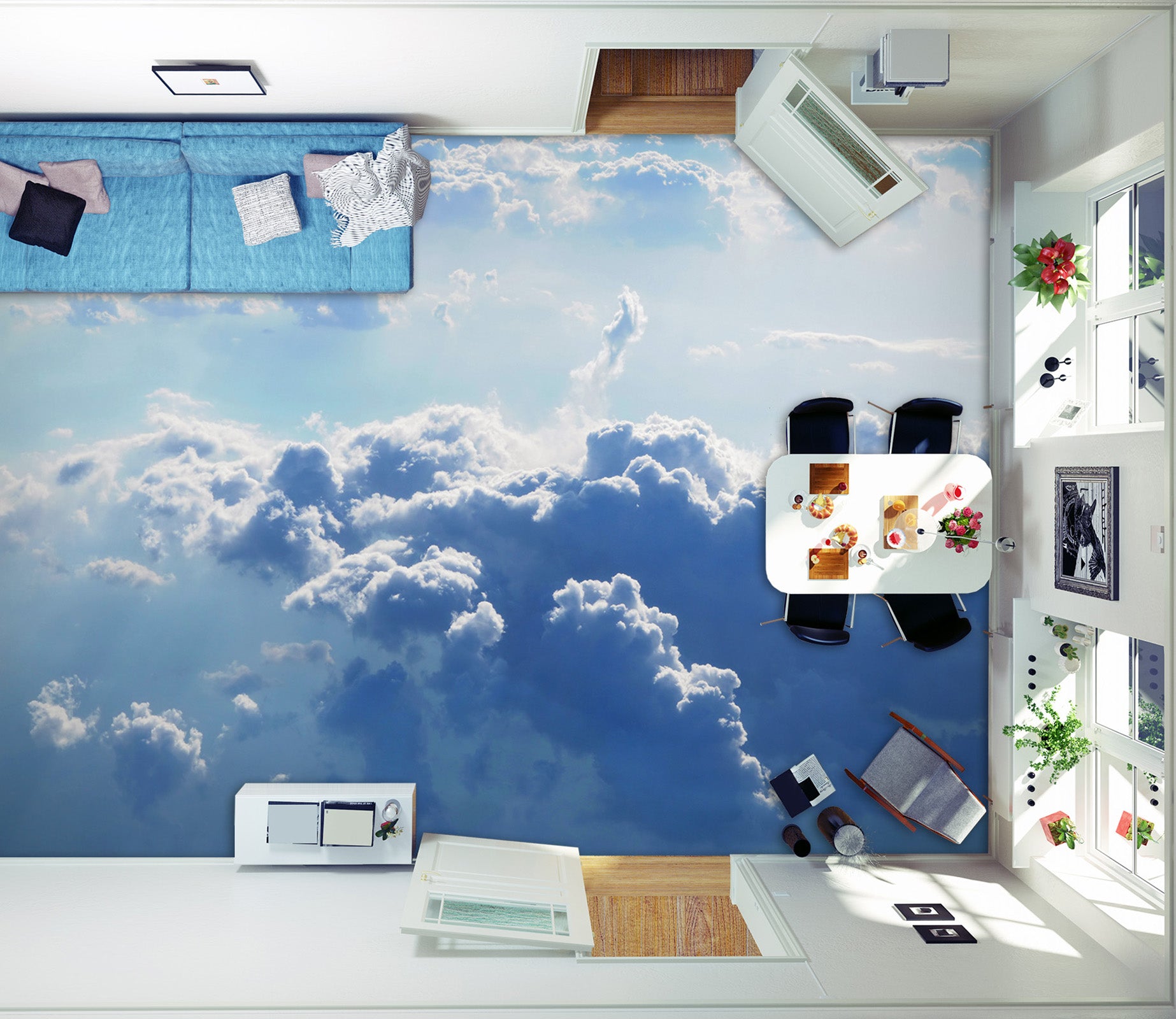 3D Gentle Blue Clouds 521 Floor Mural
