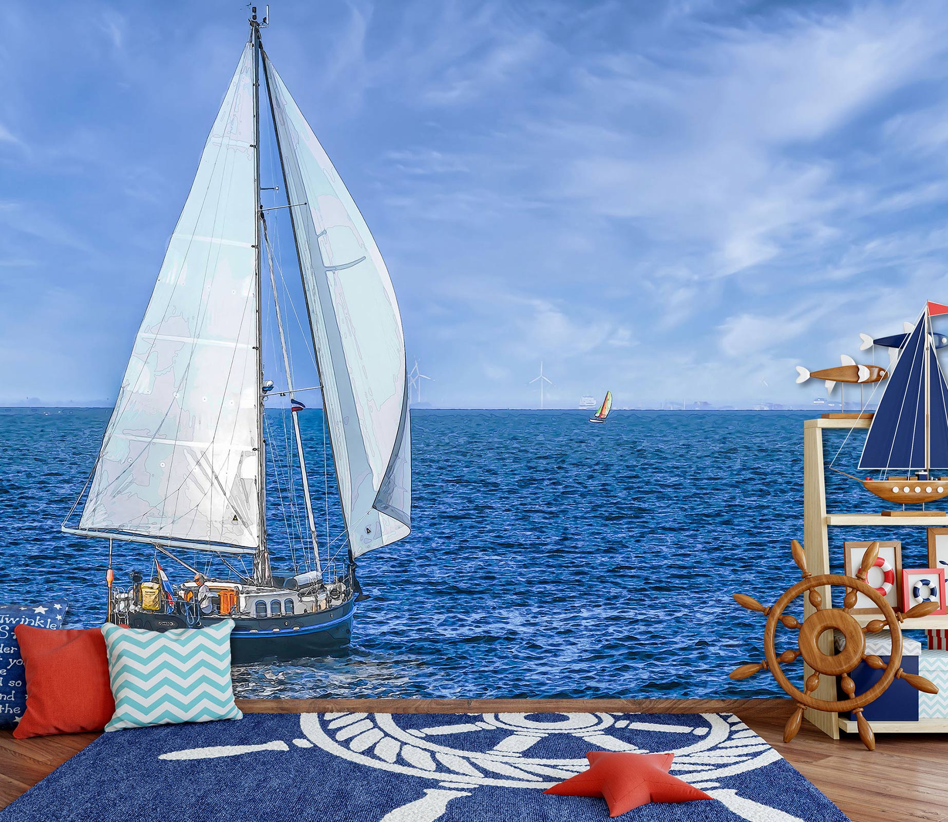 3D Sea Sailboat 10879 Alius Herb Wall Mural Wall Murals