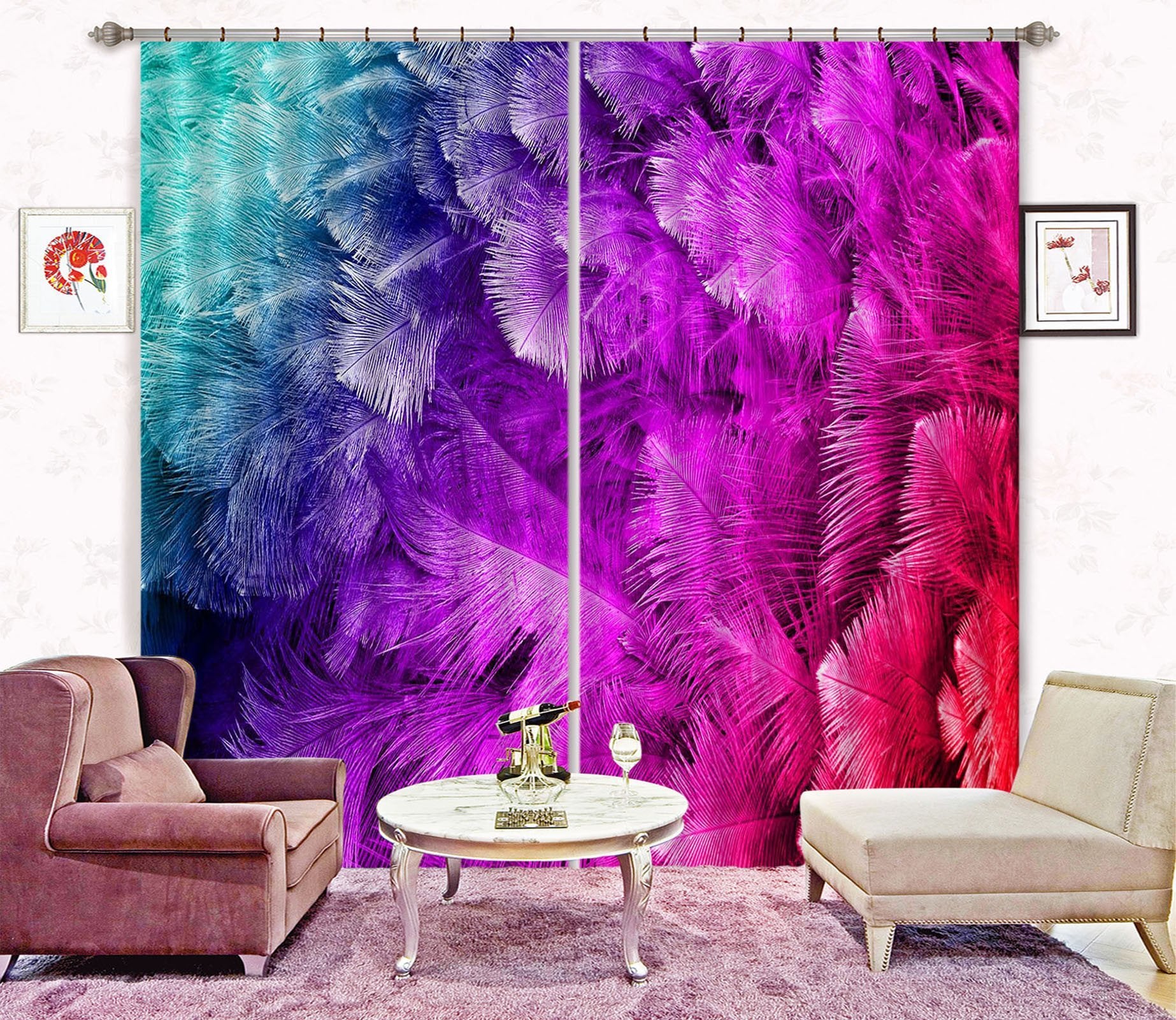 3D Red Feather 6 Curtains Drapes Curtains AJ Creativity Home 