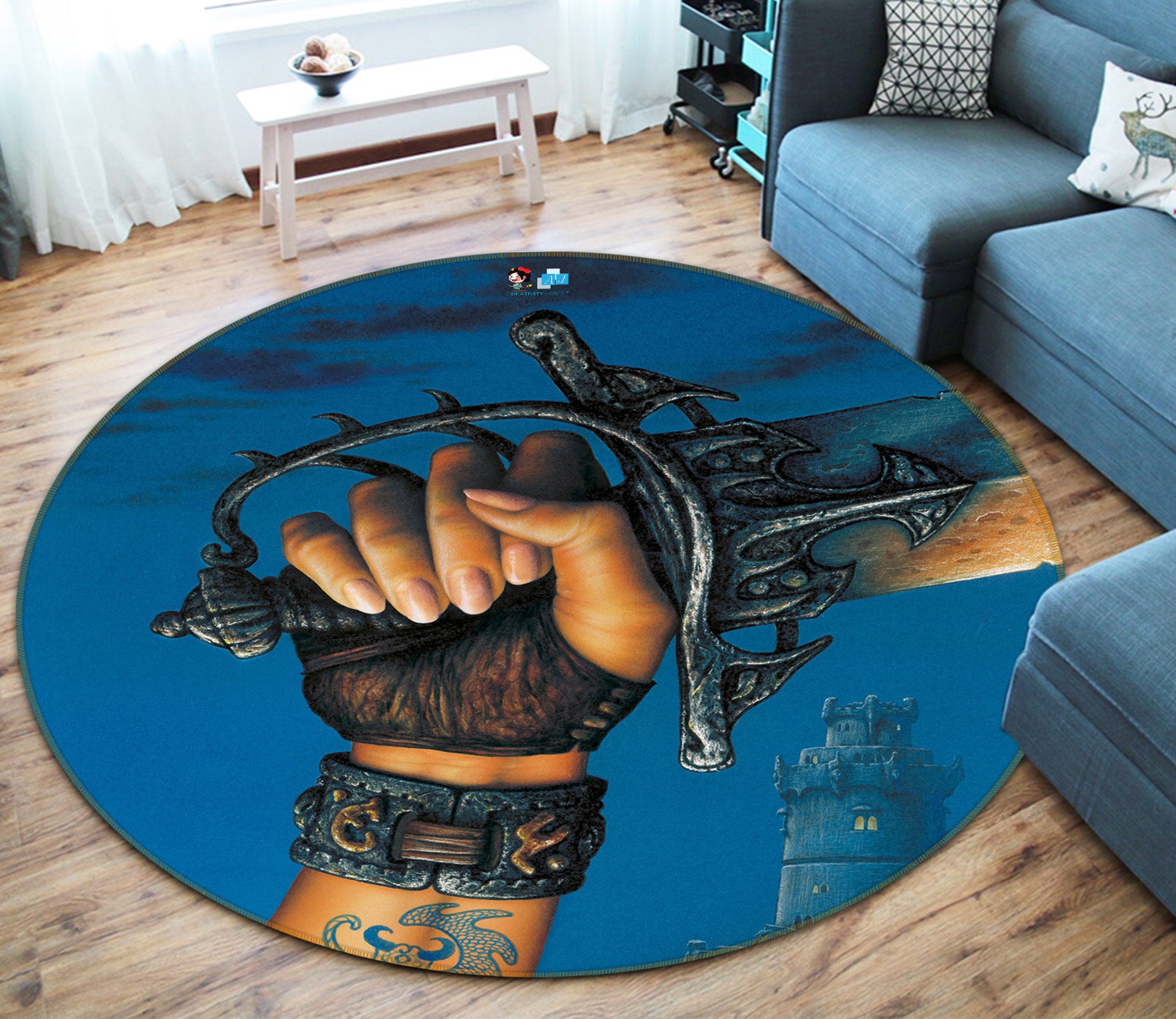 3D Sword In Hand 6059 Ciruelo Rug Round Non Slip Rug Mat