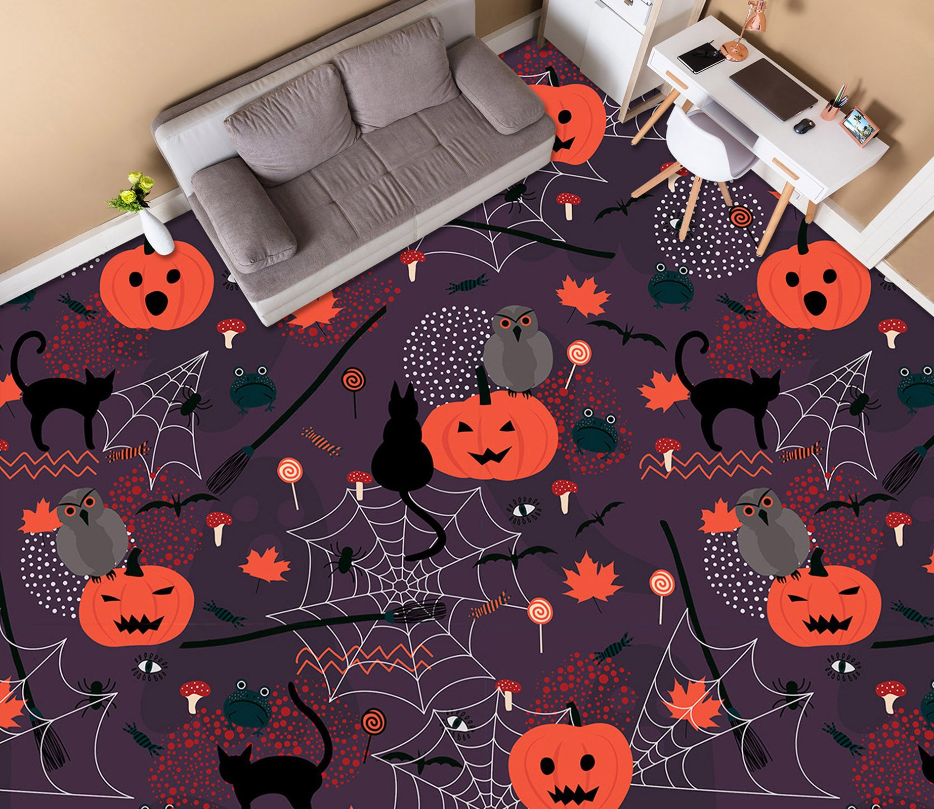 3D Pumpkin Owl 020 Floor Mural  Self-Adhesive Sticker Bathroom Non-slip Waterproof Flooring Murals