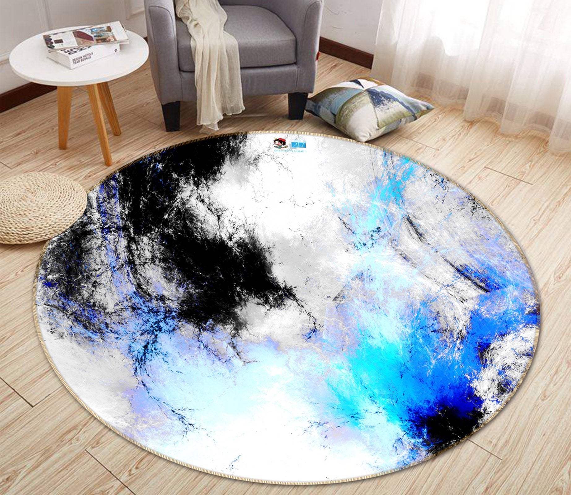 3D White Blue Abstract 95 Round Non Slip Rug Mat Mat AJ Creativity Home 