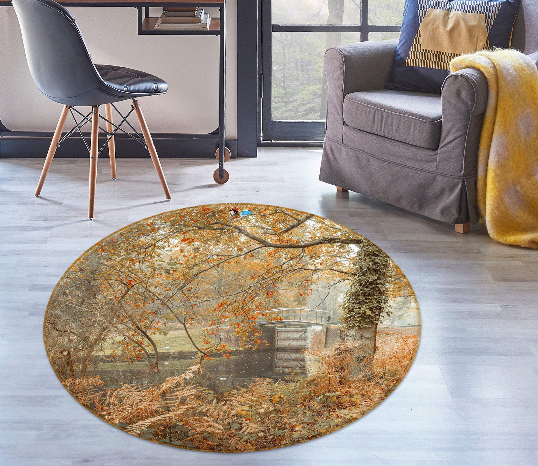 3D Yellow Branch 7365 Assaf Frank Rug Round Non Slip Rug Mat