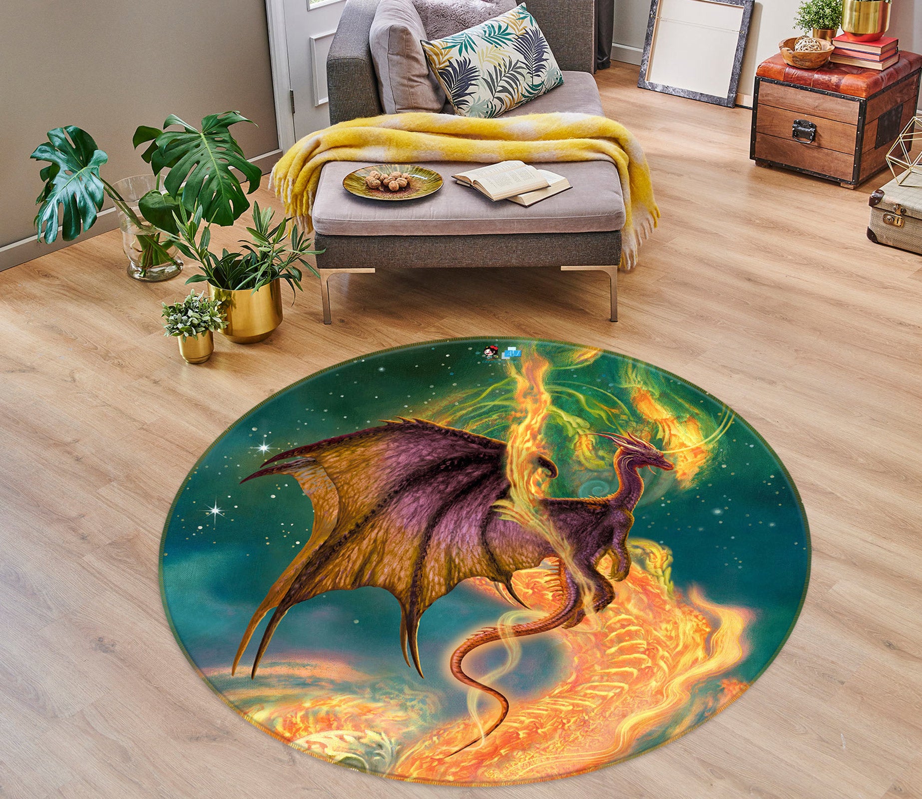3D Golden Pattern Dragon 6161 Ciruelo Rug Round Non Slip Rug Mat