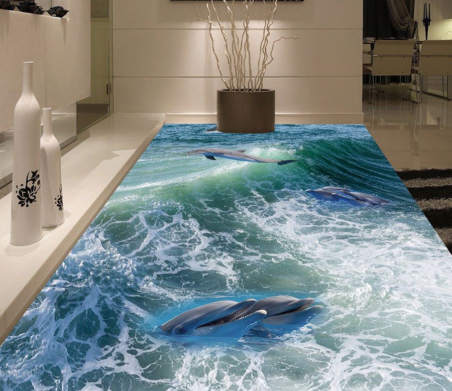 3D Waves Dolphin 565 Floor Mural  Wallpaper Murals Rug & Mat Print Epoxy waterproof bath floor