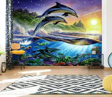 3D Sunset Dolphin 1399 Adrian Chesterman Wall Mural Wall Murals