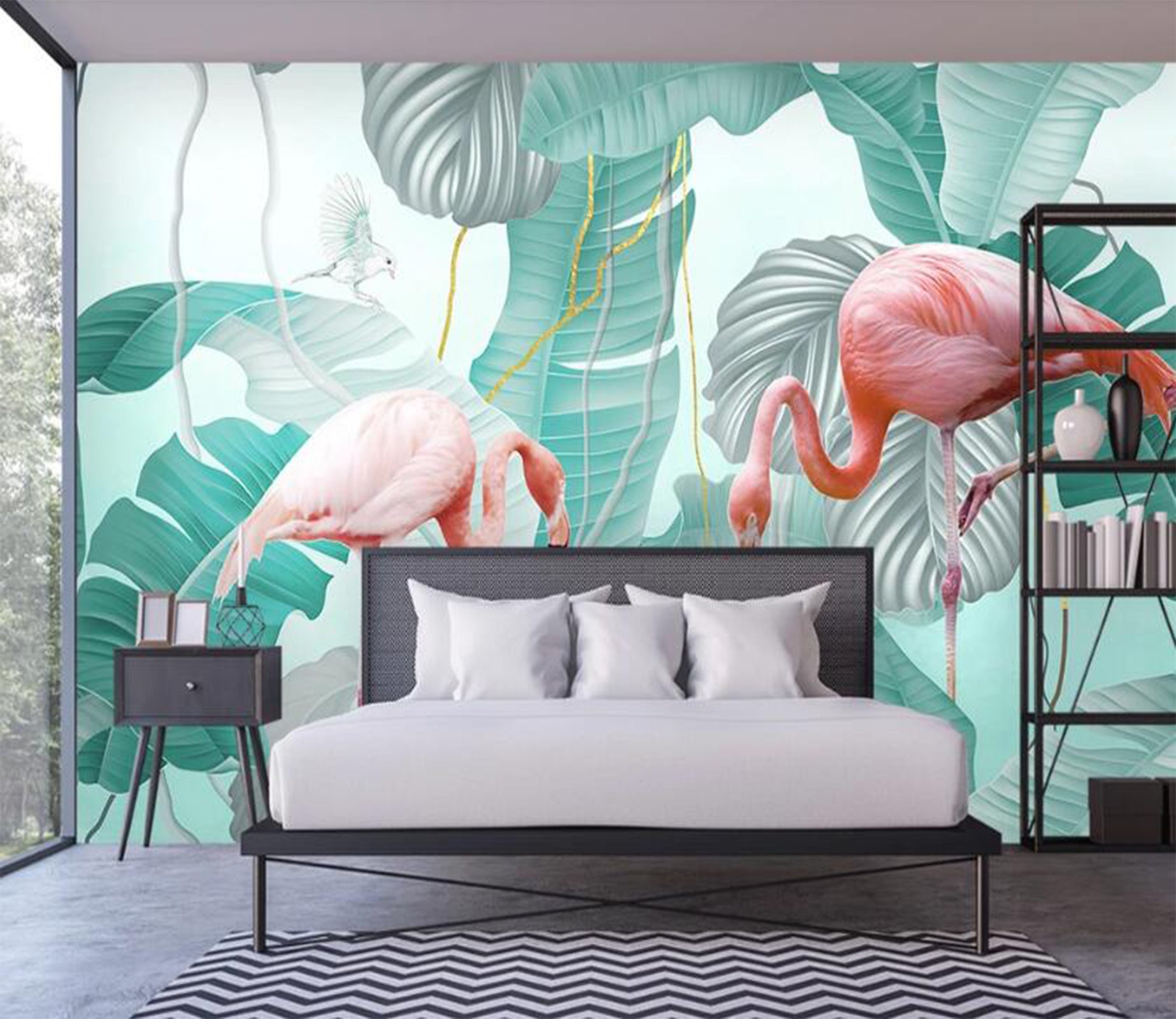 3D Flamingos In Front Of The Green 2231 Wall Murals