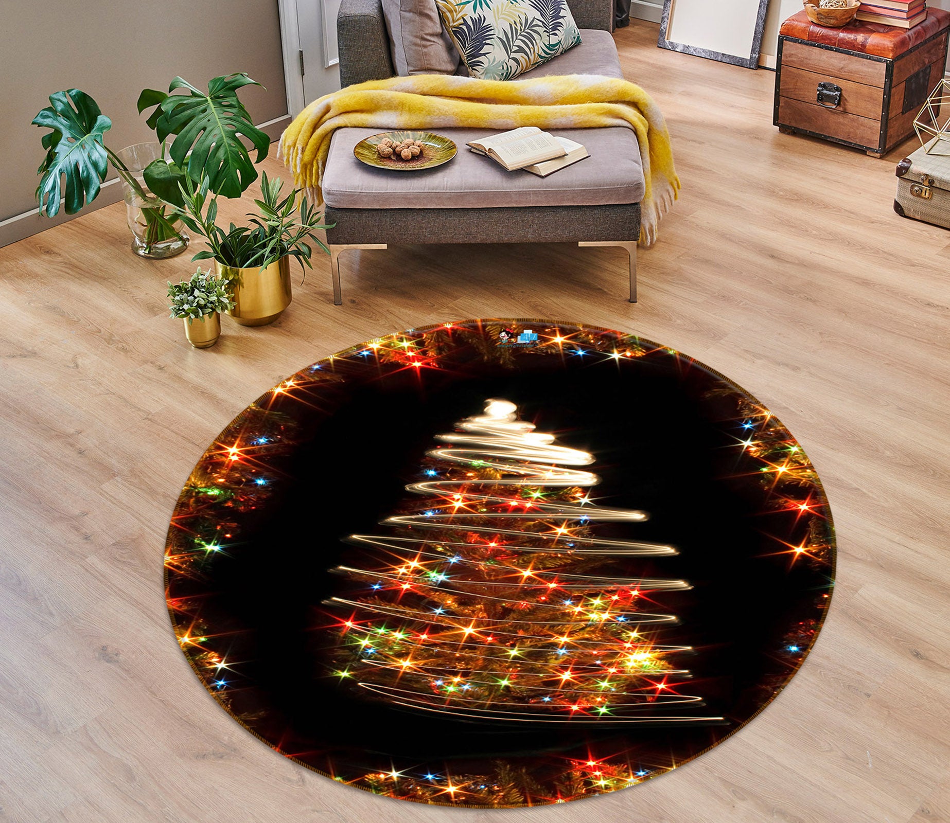 3D Colored Lights Tree 56002 Christmas Round Non Slip Rug Mat Xmas