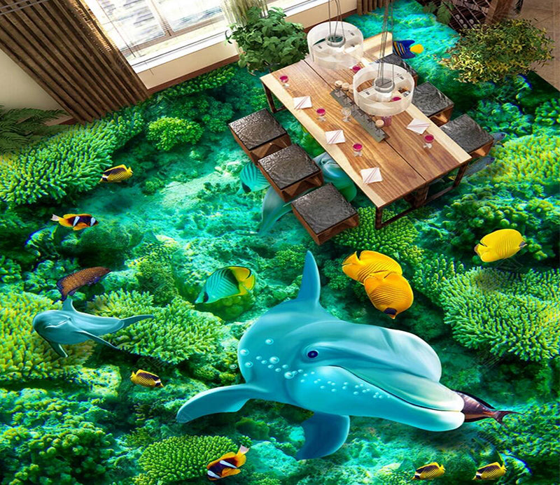 3D Blue Dolphin 091 Floor Mural  Self-Adhesive Sticker Bathroom Non-slip Waterproof Flooring Murals