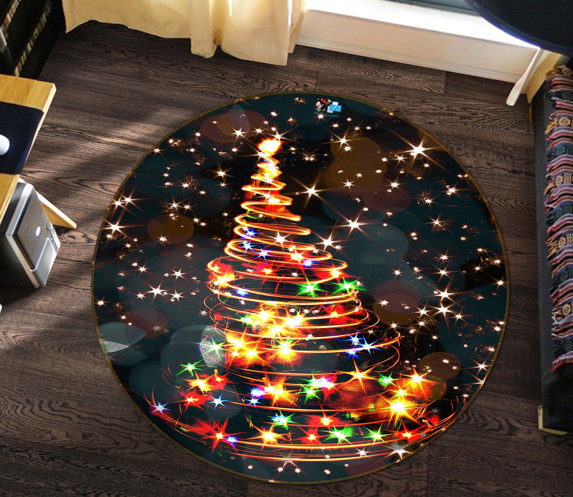 3D Colored Lights Tree 56067 Christmas Round Non Slip Rug Mat Xmas