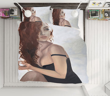 3D Woman Red Curly Hair Black Dress 9792 Marina Zotova Bedding Bed Pillowcases Quilt