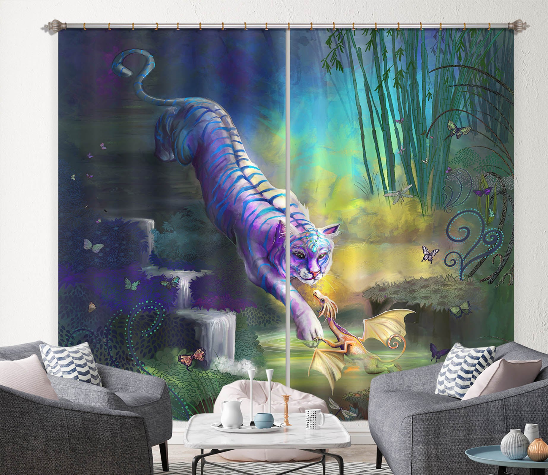 3D White Tiger 123 Rose Catherine Khan Curtain Curtains Drapes