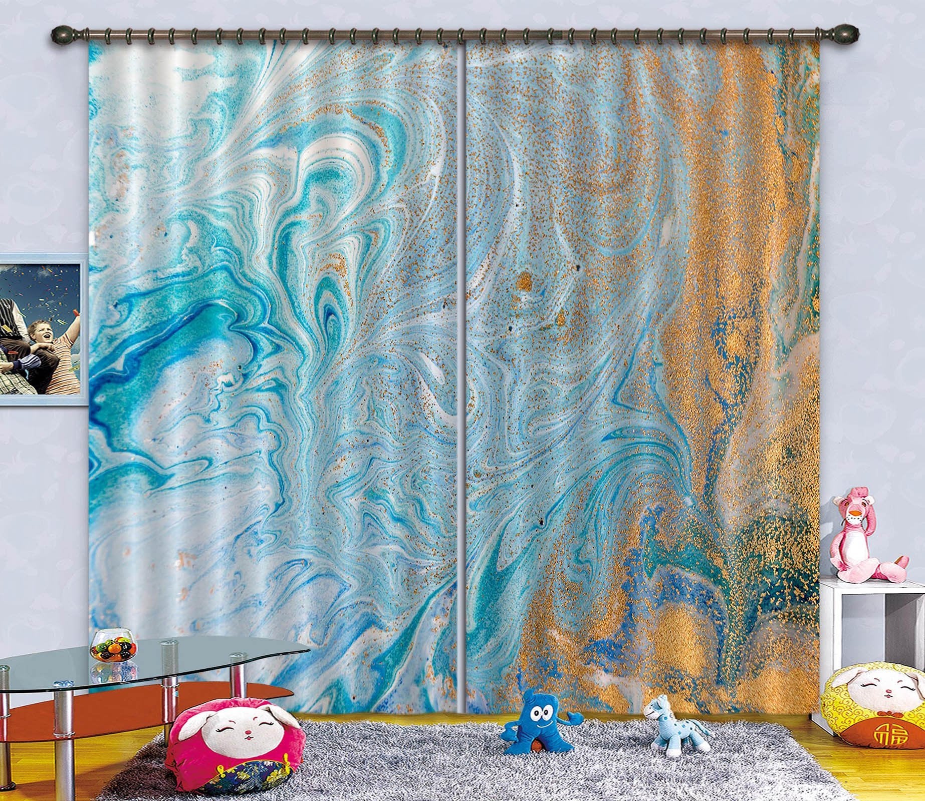 3D Light Blue Vortex Gold 56 Curtains Drapes Curtains AJ Creativity Home 