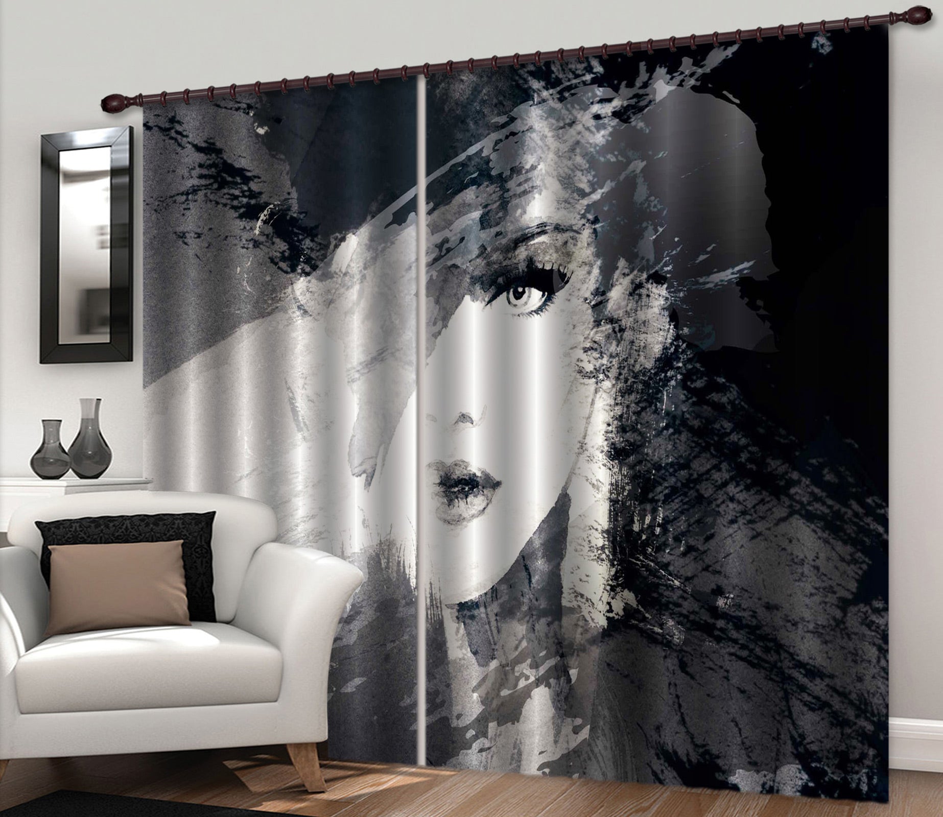 3D Lady Black Hat 026 Curtains Drapes