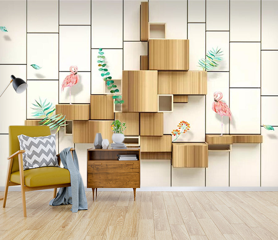 3D Flamingo Wooden Block WC637 Wall Murals