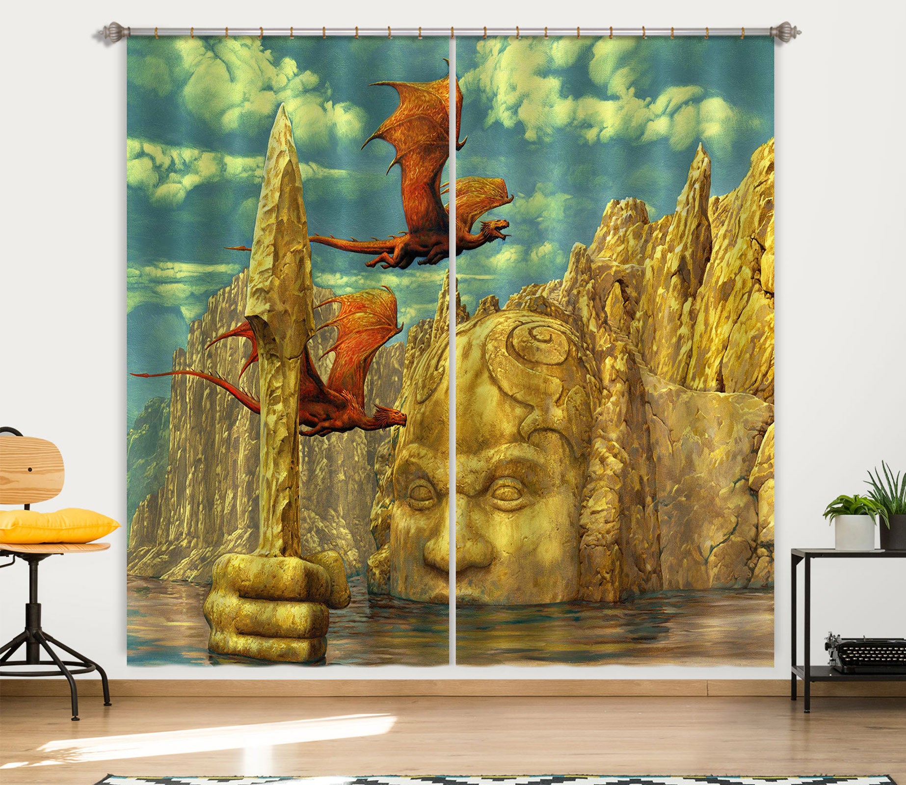 3D Statue Dragon 7217 Ciruelo Curtain Curtains Drapes