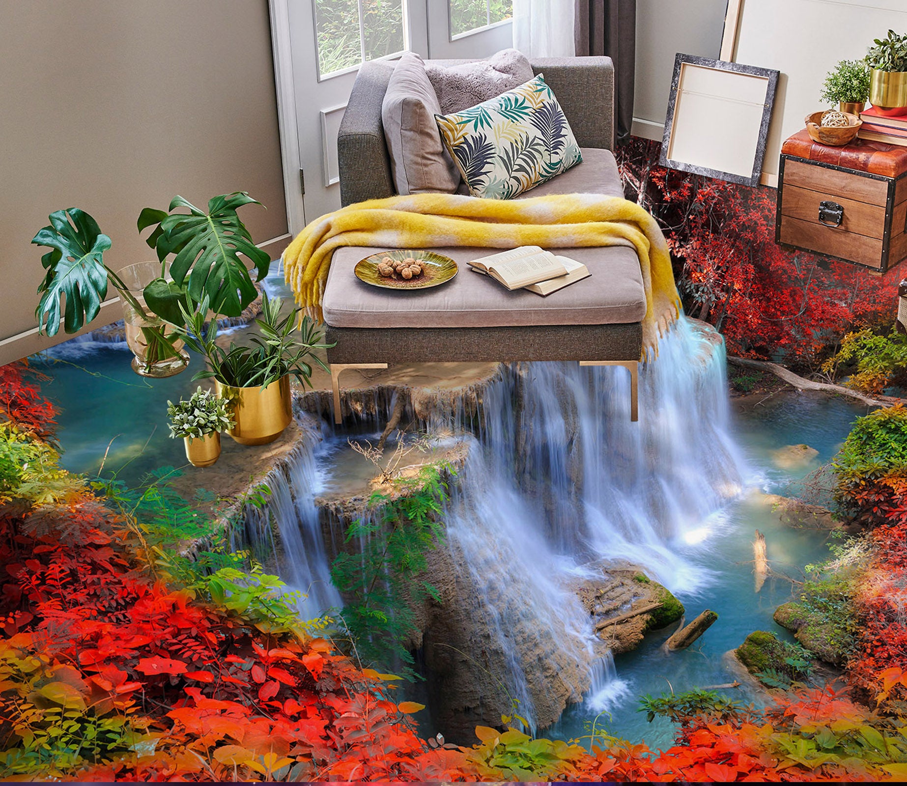 3D Red Leaves And Waterfall 537 Floor Mural  Wallpaper Murals Rug & Mat Print Epoxy waterproof bath floor