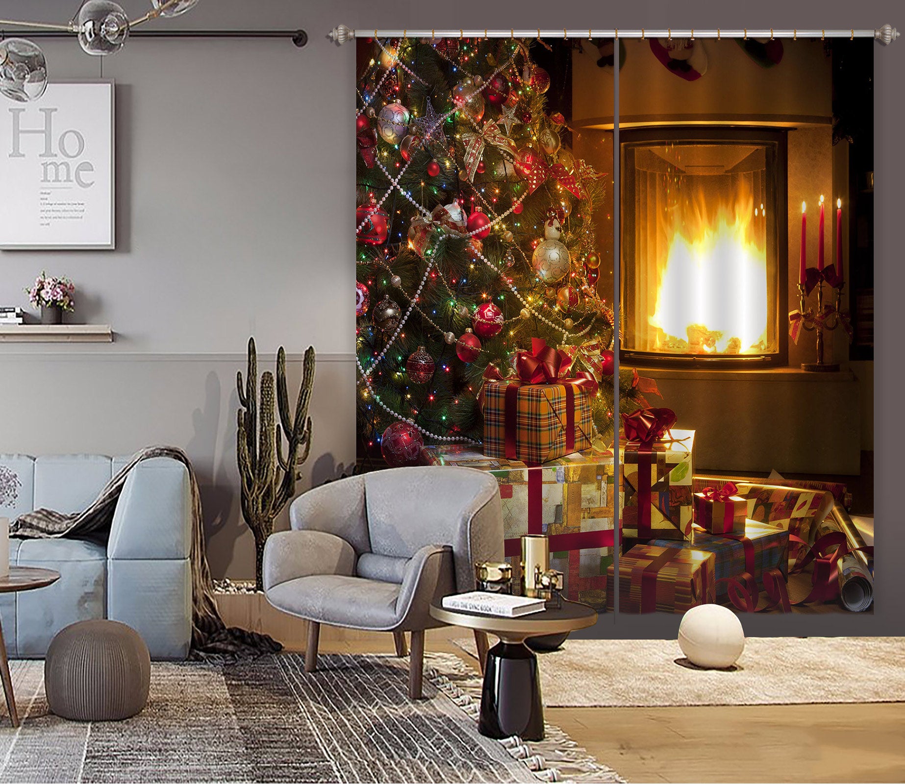 3D Tree Gift Fireplace 53055 Christmas Curtains Drapes Xmas
