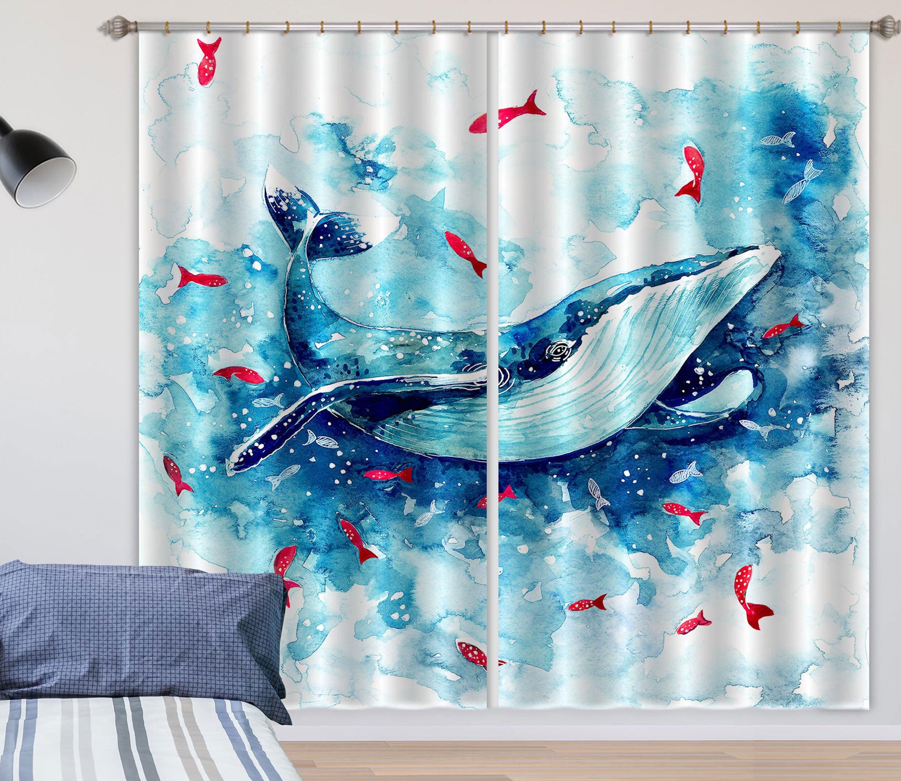 3D Blue Whale 035 Curtains Drapes