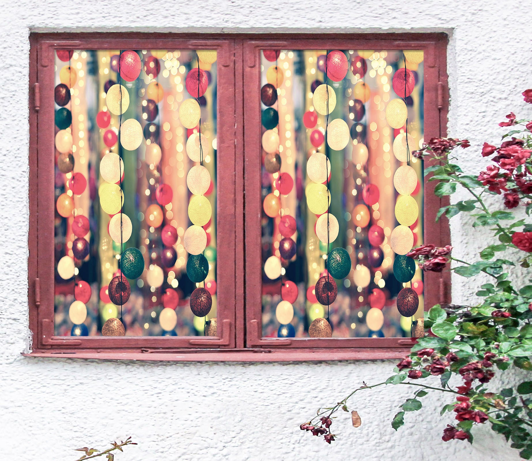 3D Colorful Ball String Lights 31018 Christmas Window Film Print Sticker Cling Stained Glass Xmas