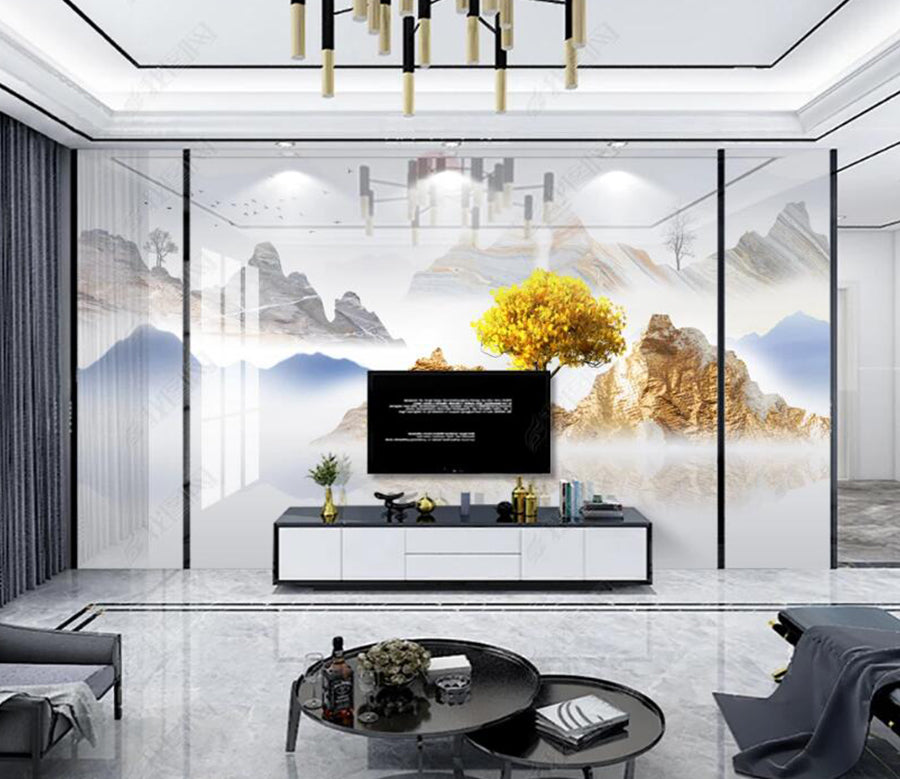 3D Fog Golden Mountain 324 Wall Murals