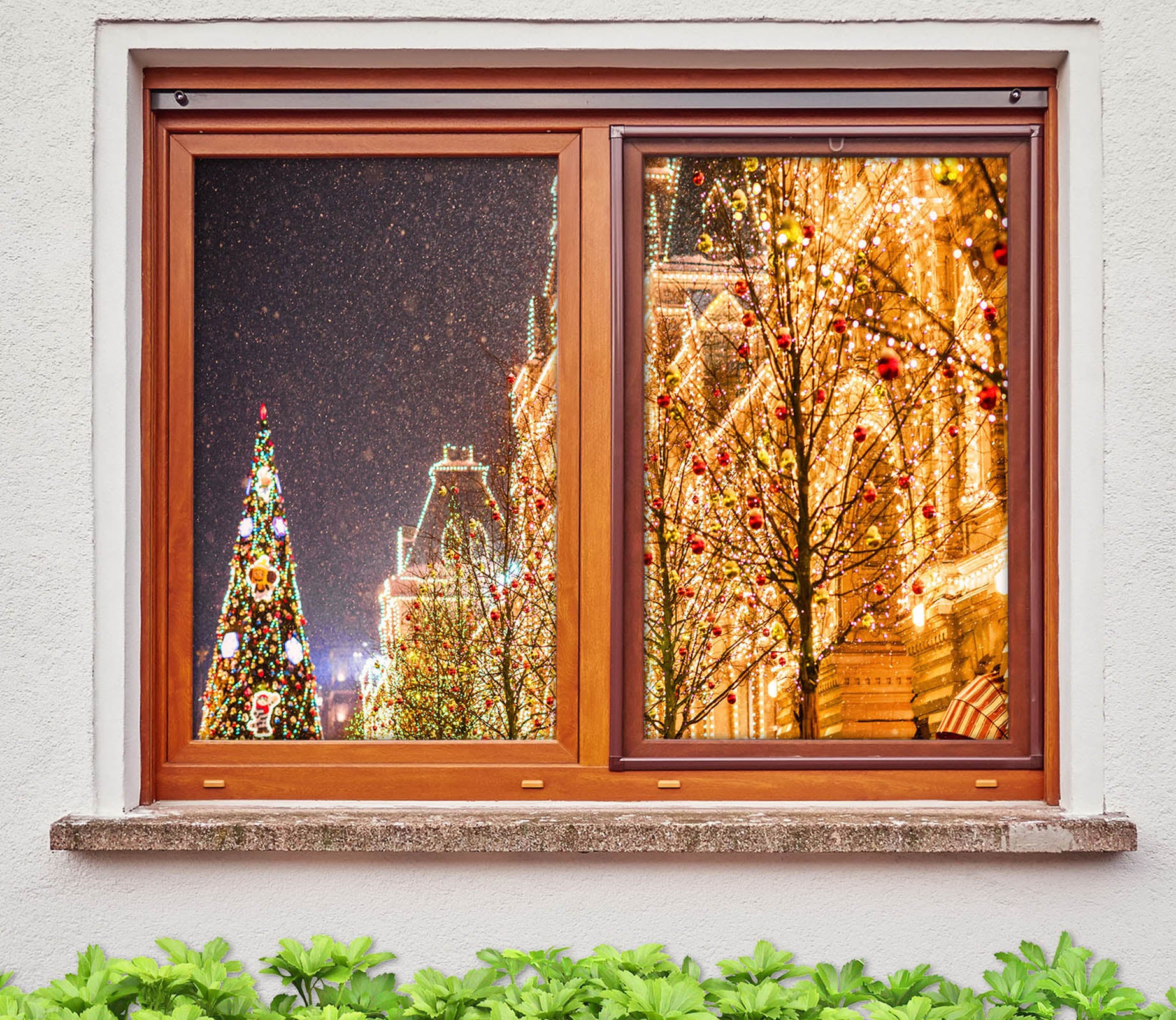 3D Light Building 30080 Christmas Window Film Print Sticker Cling Stained Glass Xmas
