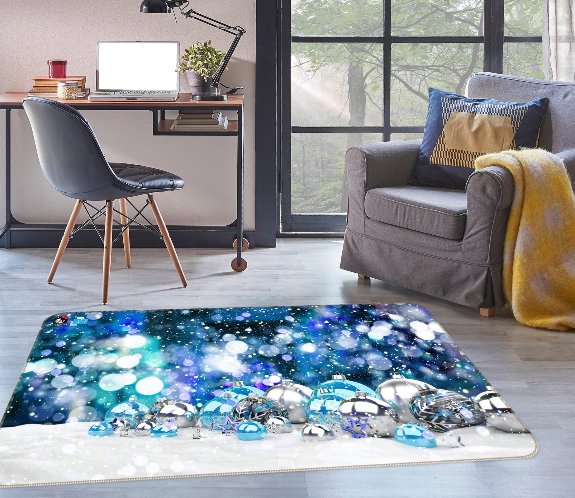 3D Silver Blue Ball 56131 Christmas Non Slip Rug Mat Xmas