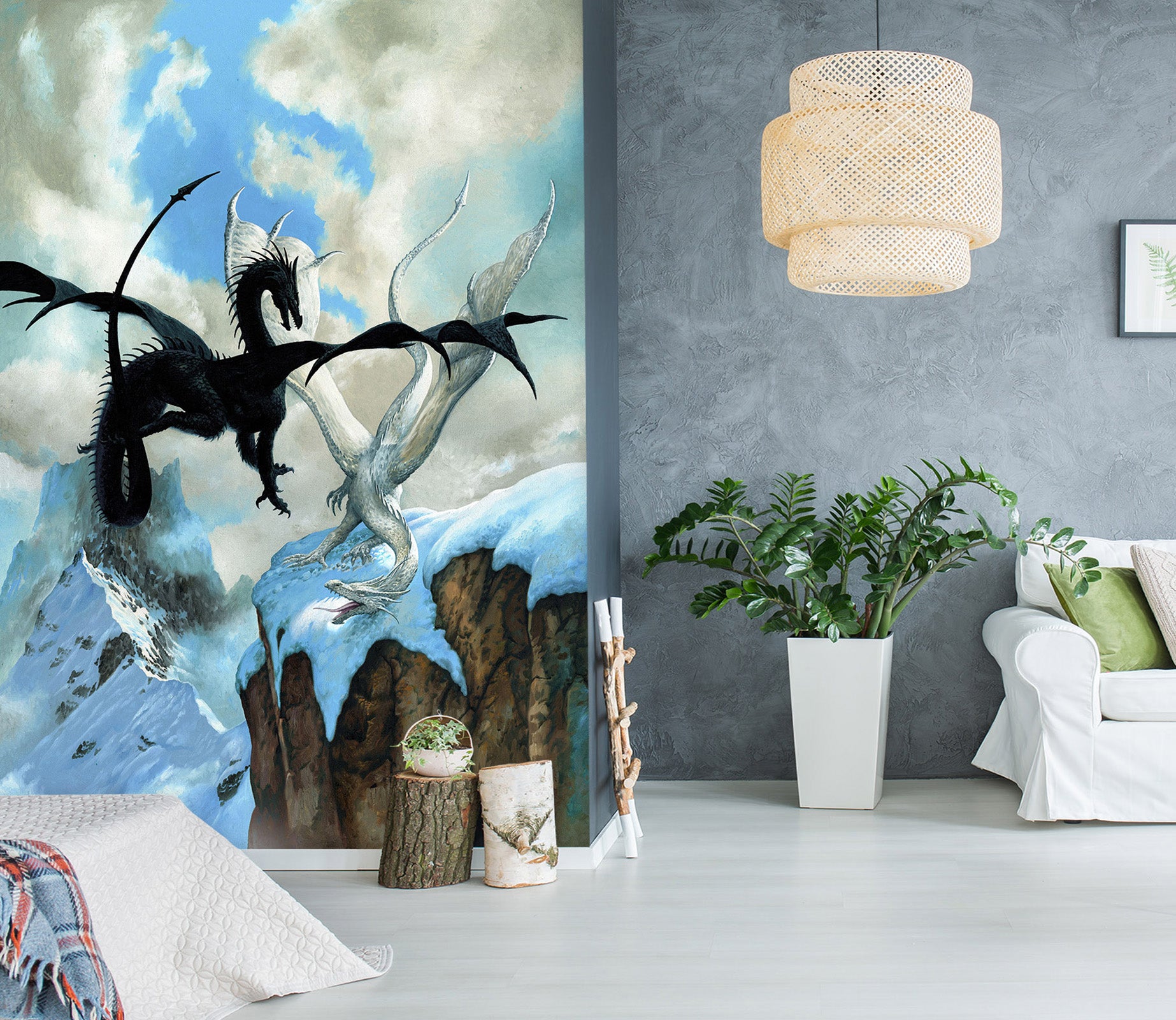 3D Snow Mountain Black White Dragon 7133 Ciruelo Wall Mural Wall Murals