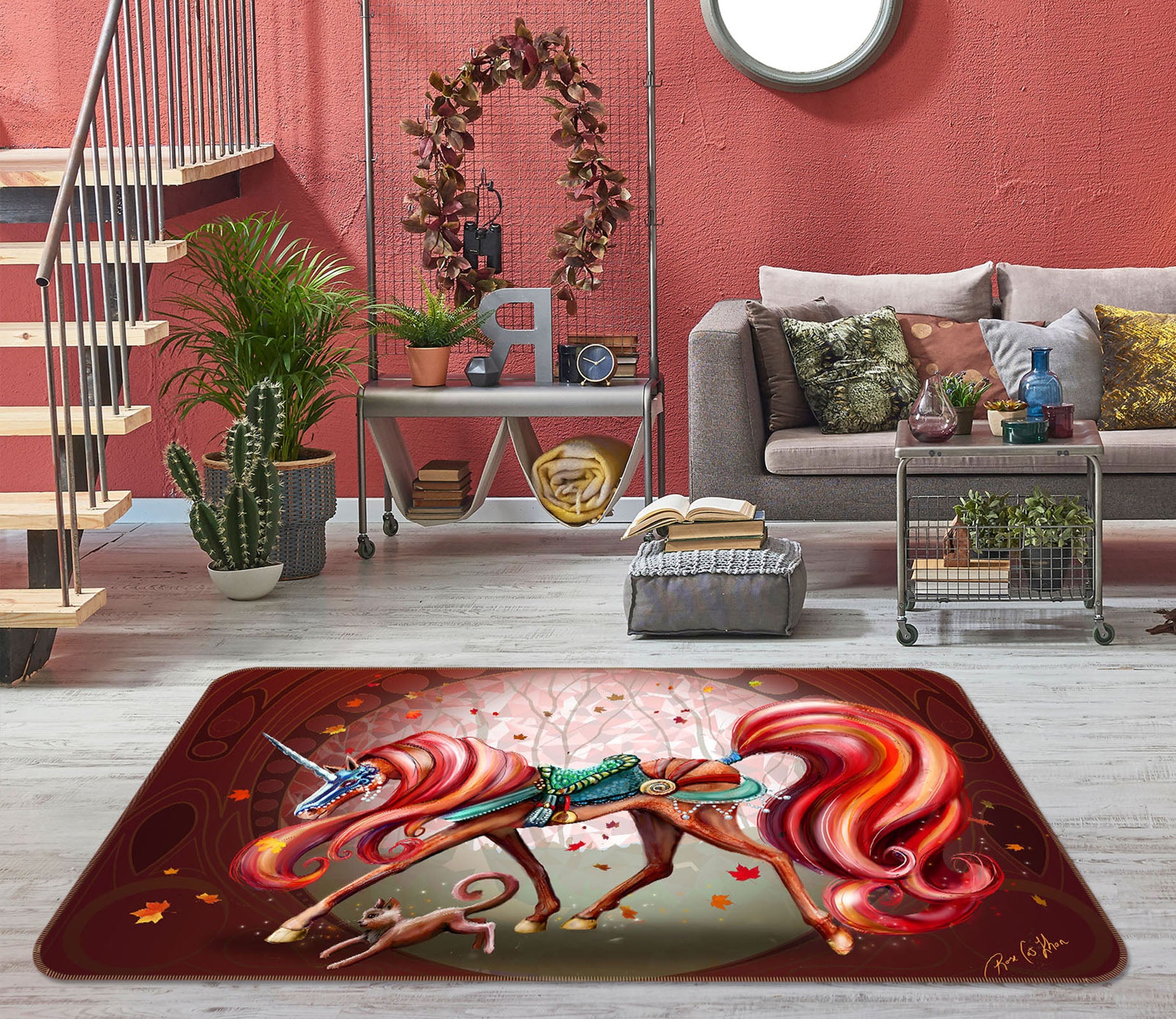 3D Red Beautiful Unicorn 1049 Rose Catherine Khan Rug Non Slip Rug Mat