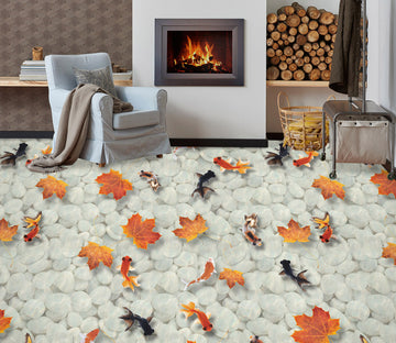 3D Black Goldfish And Fallen Leaves 264 Floor Mural