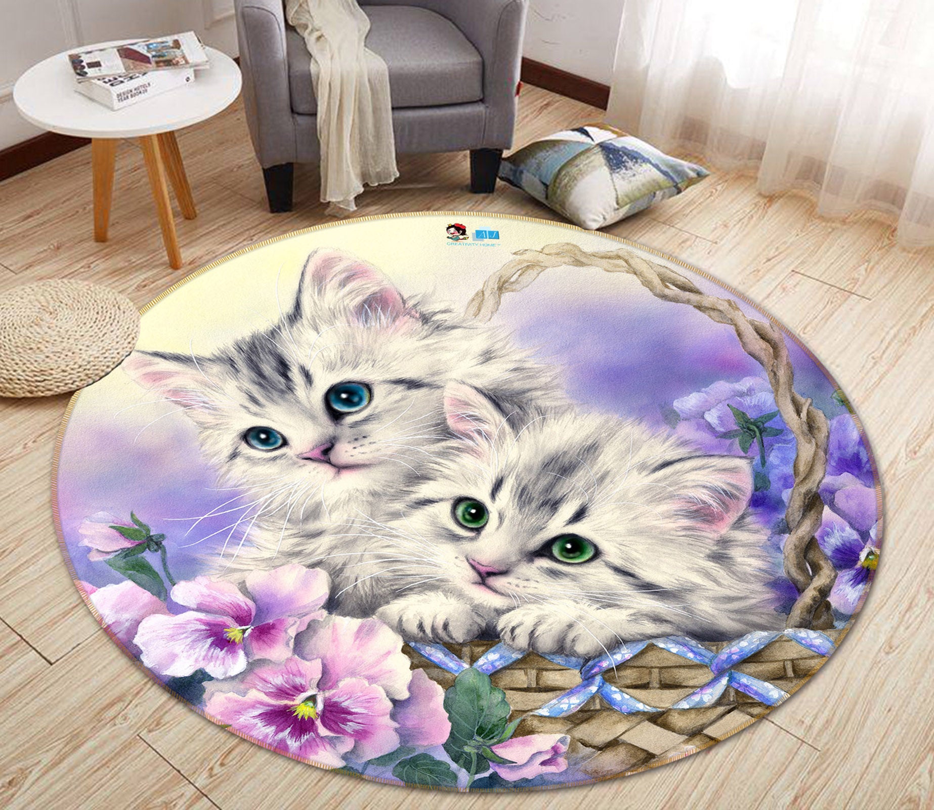 3D Flower Basket Cat 6070 Kayomi Harai Rug Round Non Slip Rug Mat