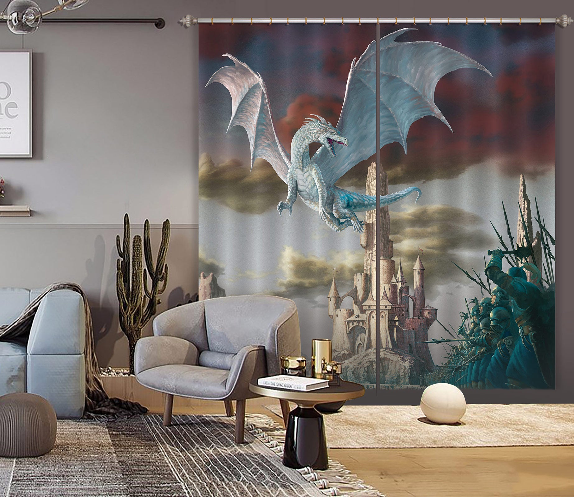 3D Castle Big White Dragon 7154 Ciruelo Curtain Curtains Drapes