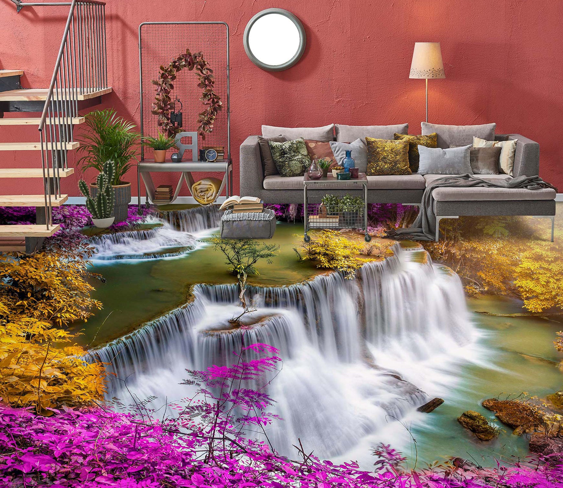 3D Waterfall And Purple Leaves 1168 Floor Mural  Wallpaper Murals Self-Adhesive Removable Print Epoxy