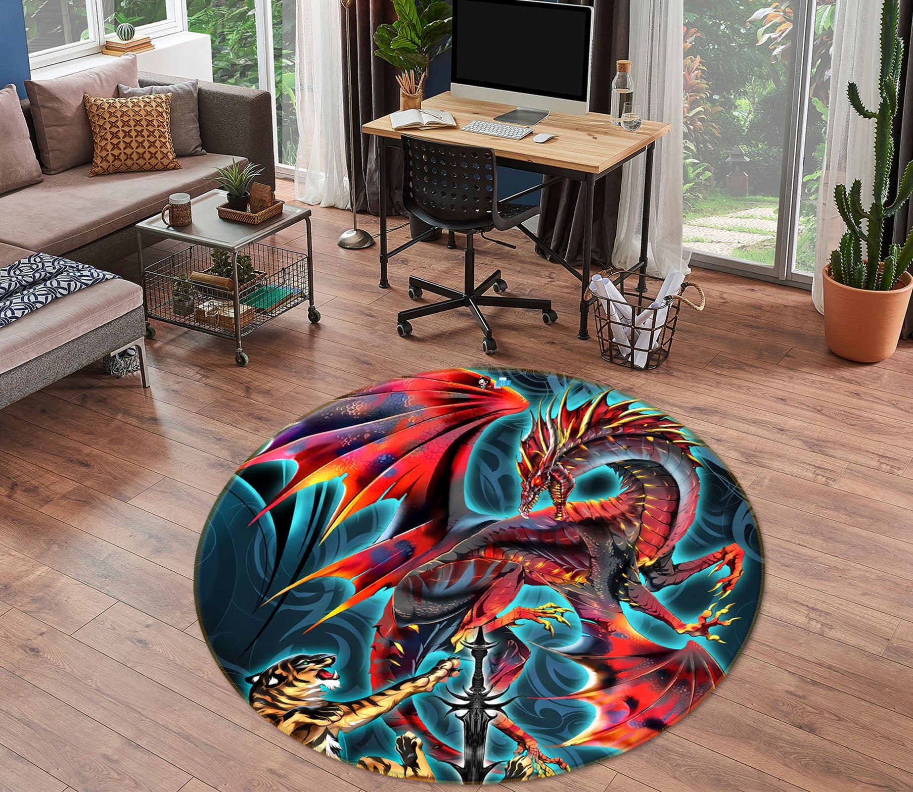 3D Dragon Tiger 8371 Ruth Thompson Rug Round Non Slip Rug Mat