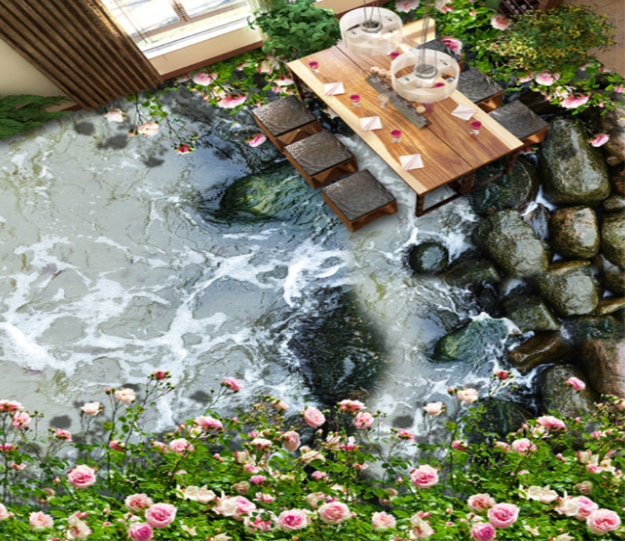 3D Flowers By The River 215 Floor Mural  Self-Adhesive Sticker Bathroom Non-slip Waterproof Flooring Murals