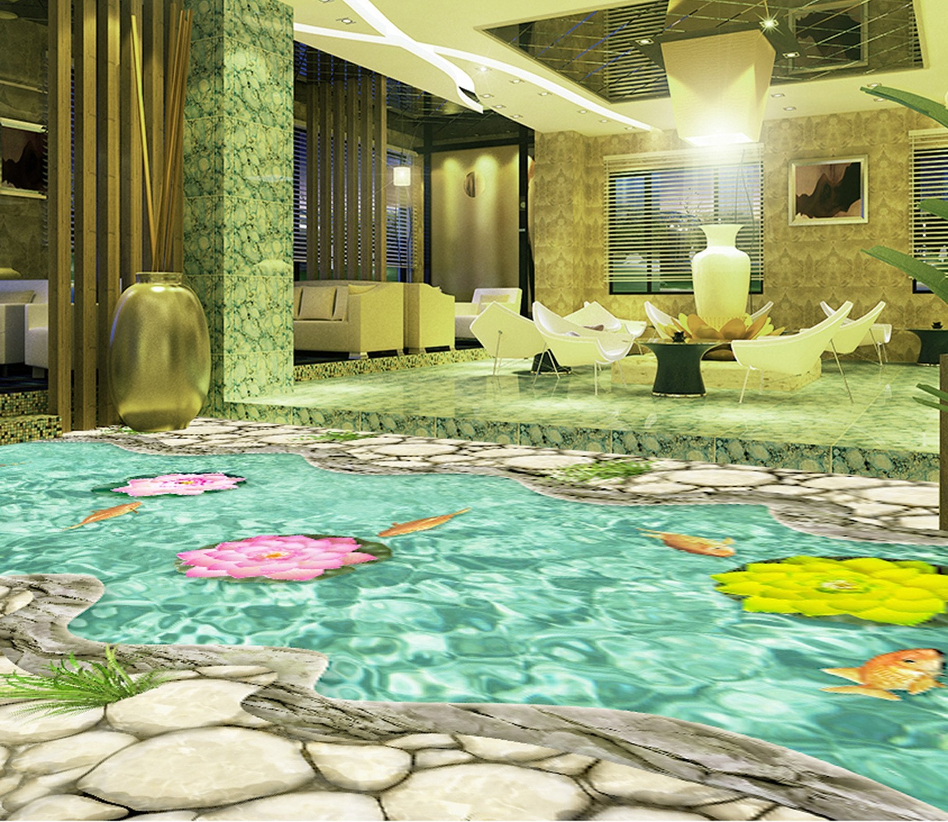 3D Lotus Goldfish WG585 Floor Mural Wallpaper AJ Wallpaper 2 