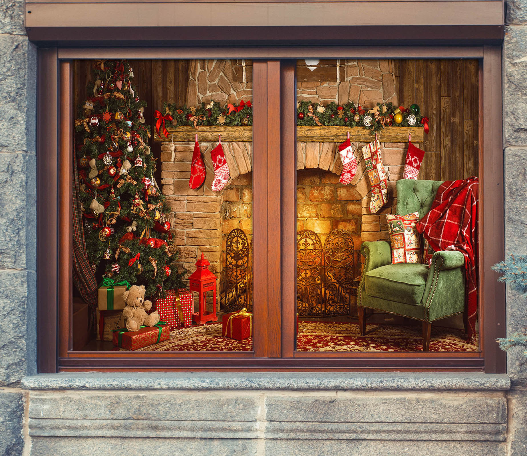 3D Fireplace 30038 Christmas Window Film Print Sticker Cling Stained Glass Xmas