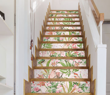 3D Light Pink Flowers Bird Leaves 103227 Uta Naumann Stair Risers