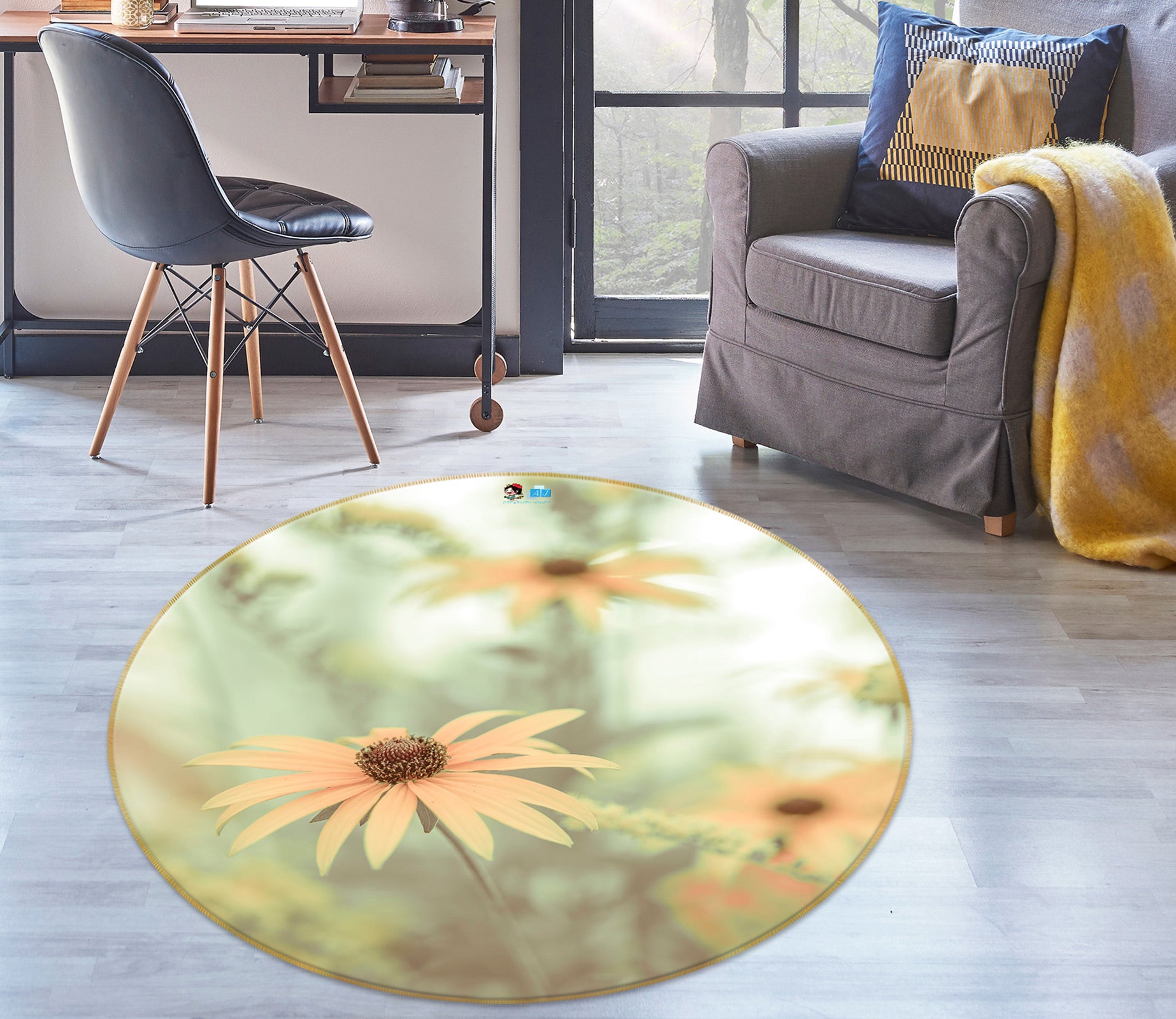 3D Orange Daisy 7514 Assaf Frank Rug Round Non Slip Rug Mat