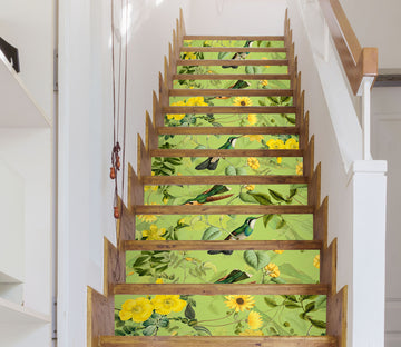 3D Green Leaves Bird Yellow Flowers 10412 Uta Naumann Stair Risers
