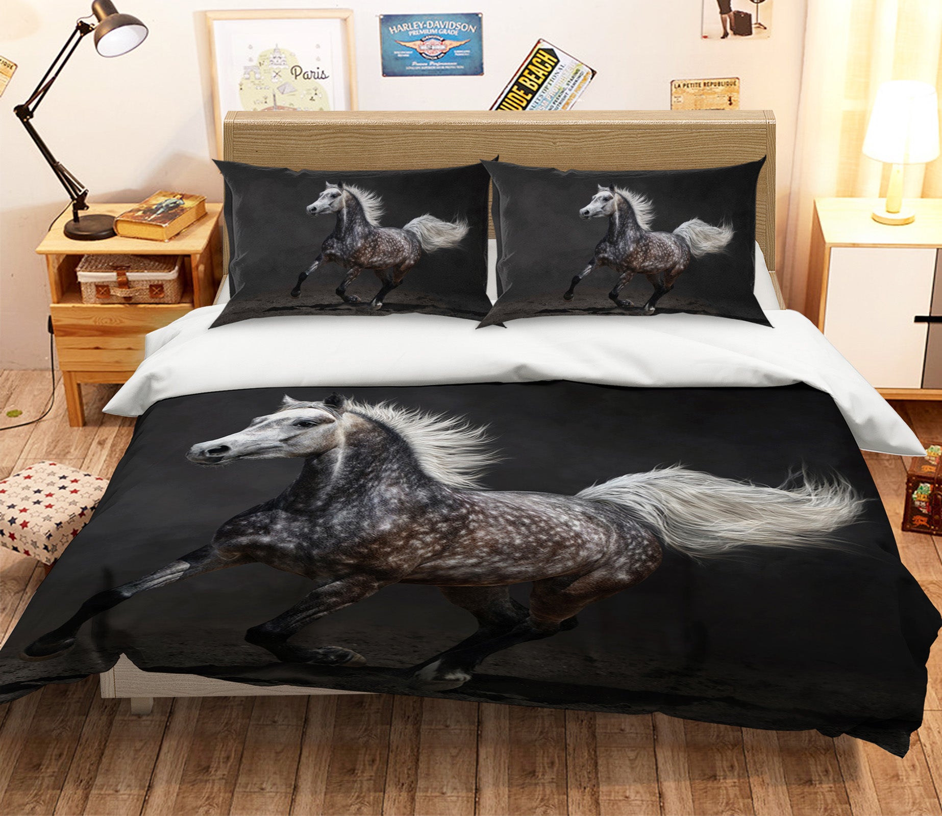 3D Running Bblack Horse 061 Bed Pillowcases Quilt