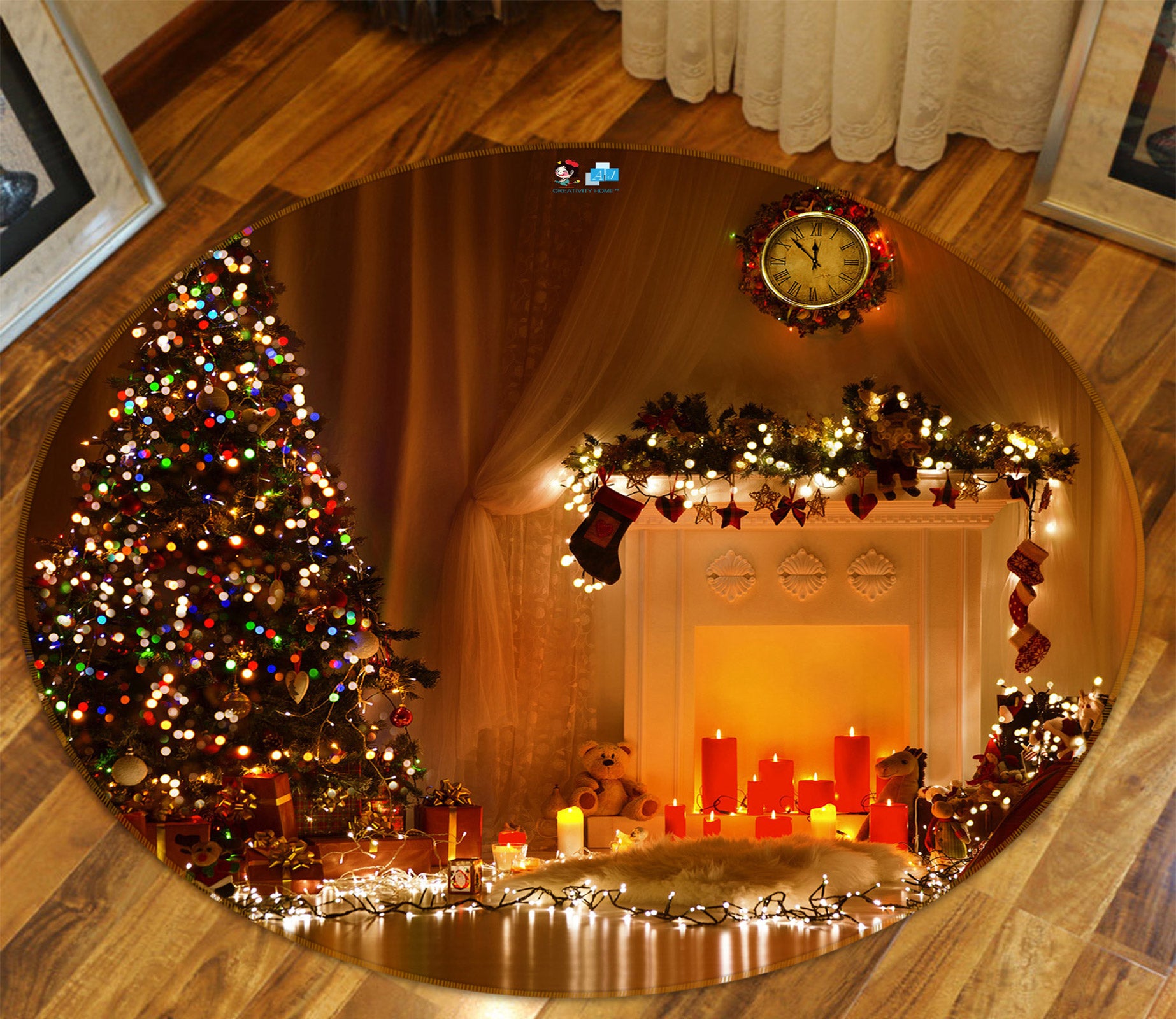 3D Tree String Lights 55175 Christmas Round Non Slip Rug Mat Xmas