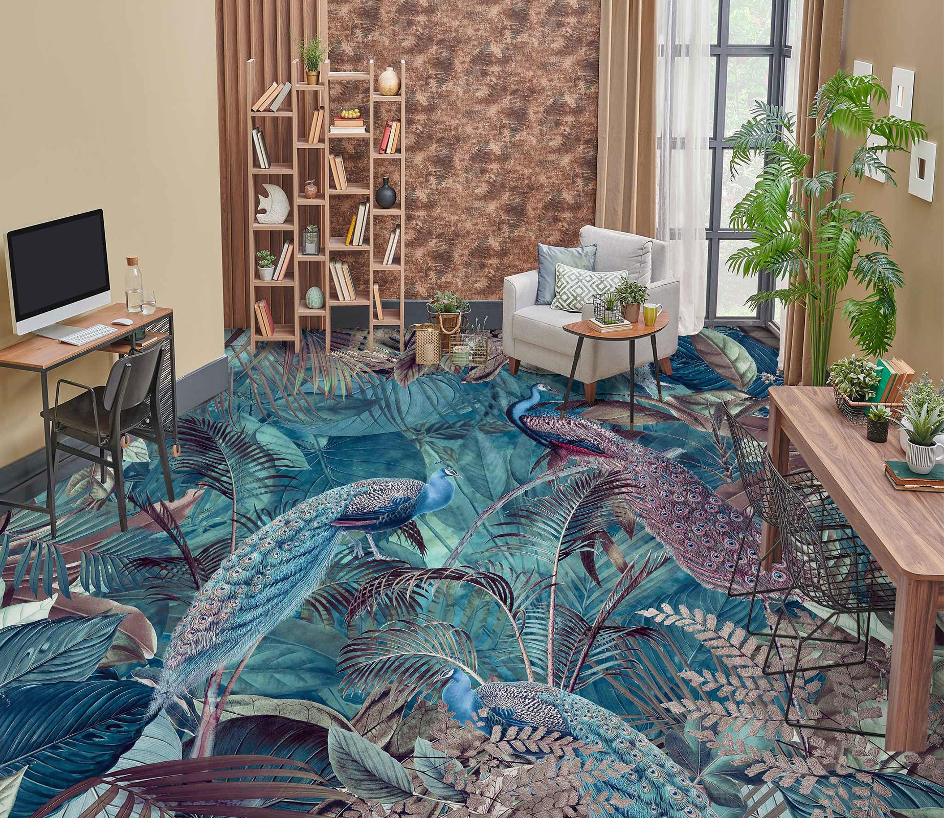 3D Jungle Peacock Leaves 10040 Andrea Haase Floor Mural  Wallpaper Murals Self-Adhesive Removable Print Epoxy