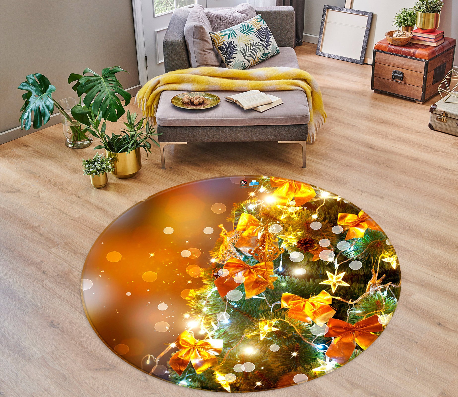 3D Tree Golden Bow 55174 Christmas Round Non Slip Rug Mat Xmas