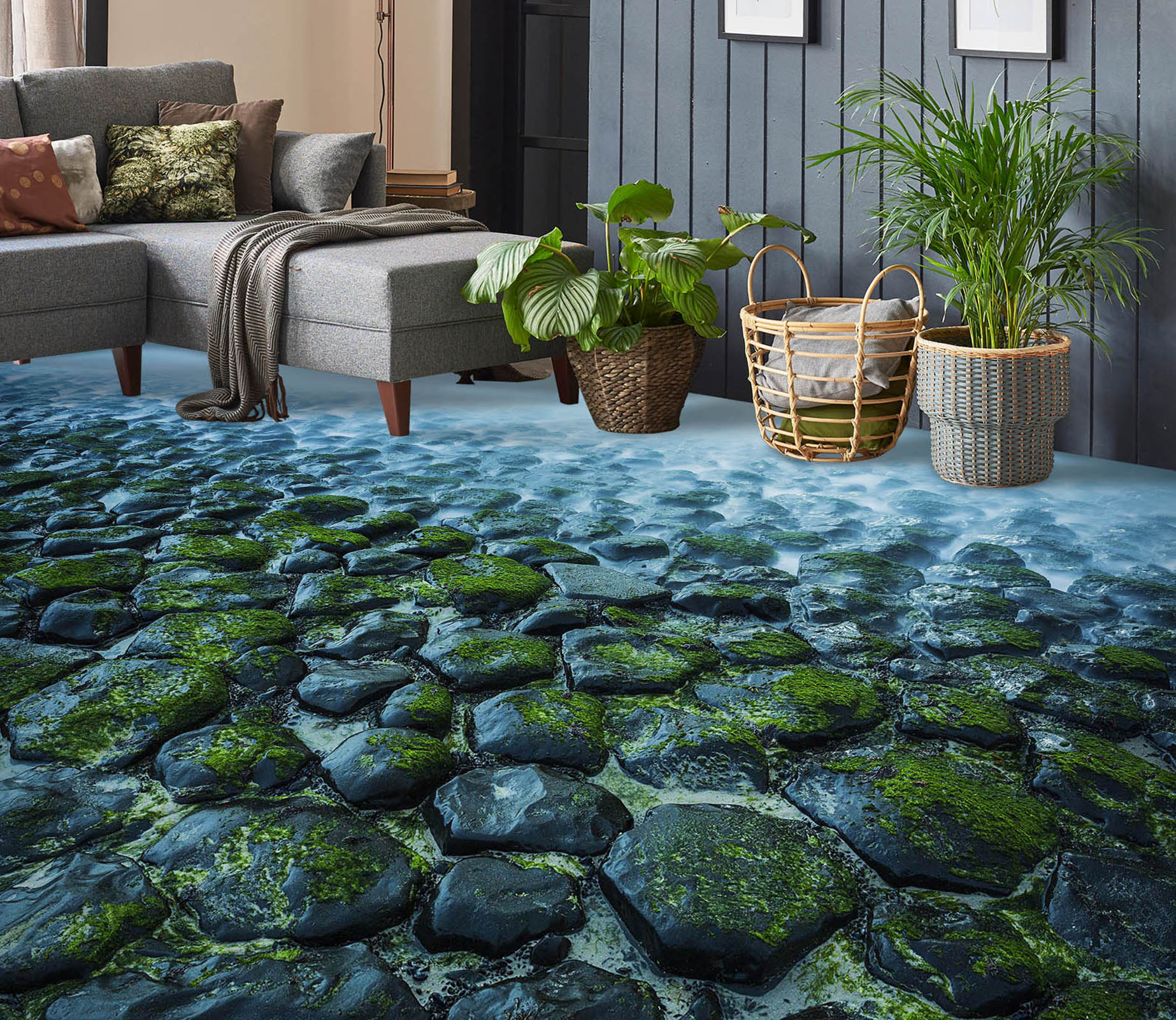 3D Cool Moss And Stones 532 Floor Mural