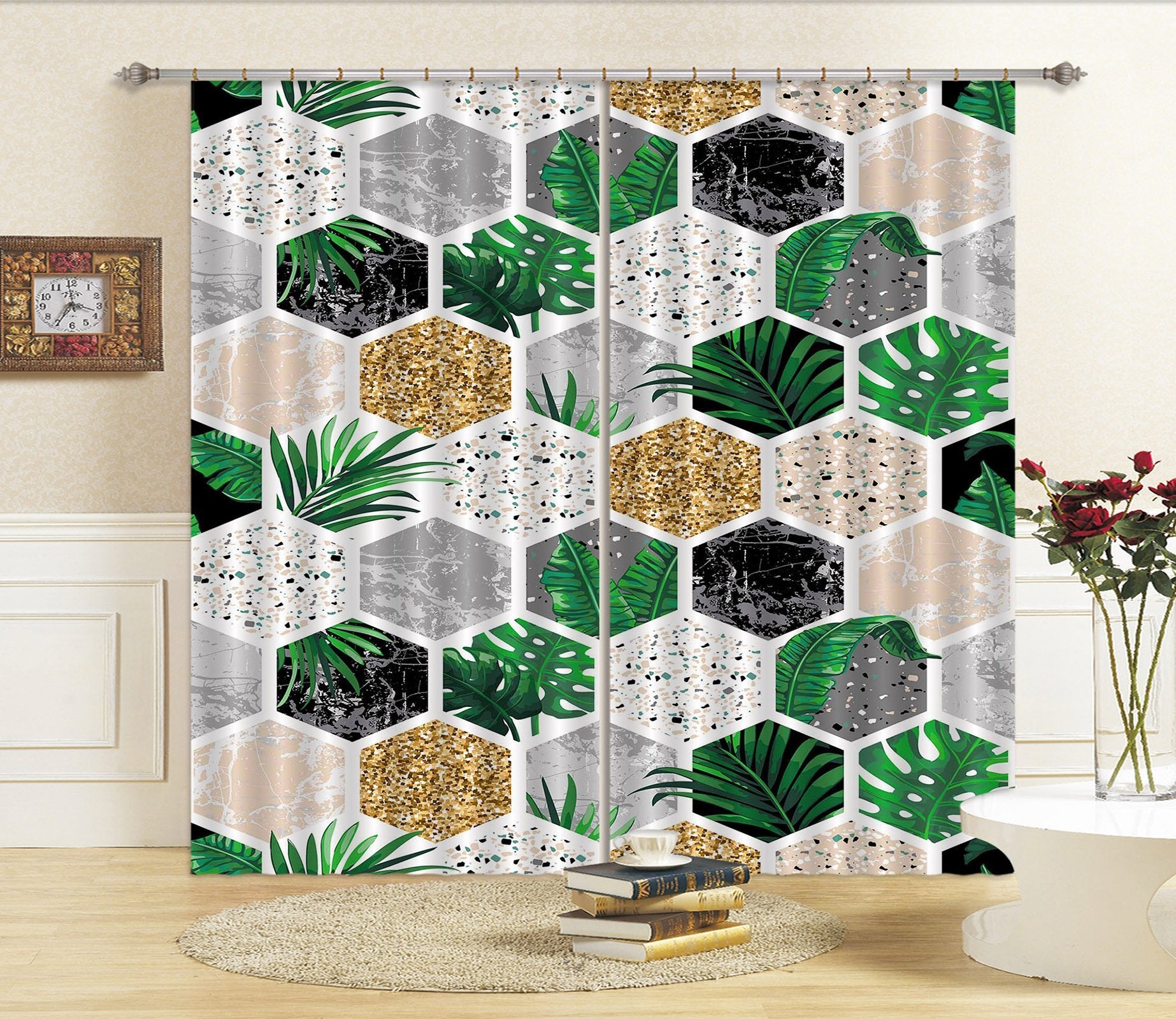 3D Hexagonal Plant Pattern 75 Curtains Drapes Curtains AJ Creativity Home 