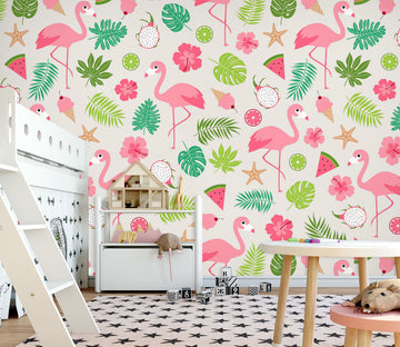 3D Flamingo Leaves 57208 Wall Murals