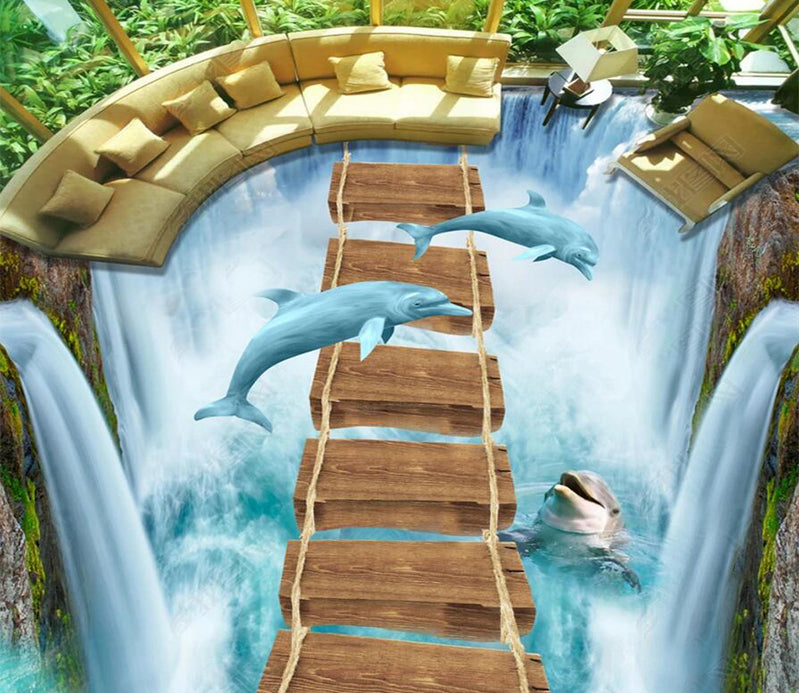3D Jumping Dolphin 092 Floor Mural  Self-Adhesive Sticker Bathroom Non-slip Waterproof Flooring Murals